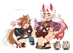 Rule 34 | 2boys, abs, animal ears, arataki itto, black nails, body markings, bodypaint, bombyoon, bracelet, brown hair, chibi, chibi inset, choker, crop top, dog boy, dog ears, dog tail, facepaint, genshin impact, genshin impact sticker redraw (meme), gorou (genshin impact), hair between eyes, hair ornament, highres, horns, jewelry, long hair, male focus, meme, multicolored hair, multiple boys, oni, oni horns, open mouth, paw print, red hair, red horns, reference inset, short hair, simple background, smile, spiked bracelet, spiked choker, spikes, streaked hair, tail, toned, toned male, upper body, vision (genshin impact), white background, white hair