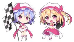 Rule 34 | adapted costume, bad id, bad pixiv id, bandeau, bare shoulders, black umbrella, blonde hair, blue hair, boots, bow, checkered flag, chibi, choker, clothes lift, commentary request, elbow gloves, fang, flag, flandre scarlet, full body, gloves, hair between eyes, hat, hat bow, lifting own clothes, looking at viewer, midriff, no nose, open mouth, purple eyes, red bow, red footwear, remilia scarlet, shoes, side ponytail, simple background, skirt, skirt lift, smile, touhou, umbrella, white background, white bow, white footwear, white gloves, white hat, white legwear, white skirt, yaki mayu, yellow bow