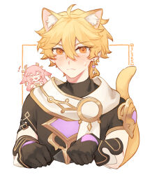Rule 34 | +++, 1boy, 1girl, aether (genshin impact), ahoge, animal ear fluff, animal ears, arm armor, armor, artist name, black gloves, black shirt, blonde hair, blush, blush stickers, braid, cat boy, cat ears, cat tail, clenched hands, closed eyes, closed mouth, commentary, detached sleeves, earrings, fox ears, fox girl, genshin impact, gloves, gold earrings, gold trim, hair between eyes, hair ornament, hands up, japanese clothes, jewelry, kemonomimi mode, long hair, long sleeves, looking at viewer, mao omelet, nontraditional miko, open mouth, orange eyes, pink hair, scarf, shirt, short sleeves, shoulder armor, sidelocks, simple background, single earring, smile, sweatdrop, symbol-only commentary, tail, upper body, white background, white scarf, white shirt, yae miko