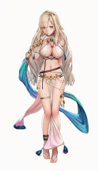 Rule 34 | 1girl, amanda (artwhirl), artwhirl mahou gakuen no otome-tachi, barefoot, barefoot sandals (jewelry), belt, between toes, blonde hair, blue eyes, bracelet, breasts, bridal gauntlets, chain, cleavage, commentary request, diadem, earrings, feet, female focus, fishnet gloves, fishnets, full body, gloves, hair ornament, hand up, hoop earrings, jewelry, large breasts, long hair, looking at viewer, mana (remana), navel, necklace, no shoes, official art, pelvic curtain, shawl, simple background, smile, solo, stomach, thighlet, toe ring, toeless legwear, toes, very long hair, wavy hair, white background