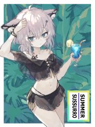 Rule 34 | 1girl, ahoge, arknights, bad id, bad twitter id, bikini, black bikini, blue eyes, border, brown hair, character name, cowboy shot, cup, drink, drinking straw, food, fruit, hair ornament, hairclip, hand up, headphones, highres, holding, holding cup, lemon, lemon slice, looking at viewer, material growth, official alternate costume, omcxxx, oripathy lesion (arknights), outside border, short hair, solo, sussurro (arknights), sussurro (summer flower) (arknights), swimsuit, white border
