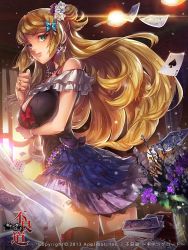 Rule 34 | 1girl, ace (playing card), ace of spades, blonde hair, bow, breast hold, breasts, butterfly hair ornament, card, casino, earrings, flower, frills, furyou michi ~gang road~, gloves, green eyes, hair bun, hair flower, hair ornament, jewelry, lens flare, long hair, looking back, official art, original, parted lips, playing card, ribbon, ring, single hair bun, skirt, solo, spade (shape), sparkle, thighhighs, wind, wooju, zettai ryouiki