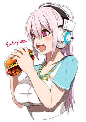 Rule 34 | 1girl, breasts, burger, eating, food, headphones, large breasts, long hair, miyamoto issa, nitroplus, open mouth, pink eyes, pink hair, simple background, solo, super sonico