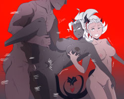 Rule 34 | 1boy, 2girls, absurdres, breasts, colored skin, dark-skinned female, dark-skinned male, dark skin, demon girl, demon horns, demon tail, ffm threesome, group sex, has bad revision, has censored revision, helltaker, highres, horns, huge breasts, inverted nipples, judgement (helltaker), justice (helltaker), kinaee, large breasts, large penis, md5 mismatch, multiple girls, nipples, nude, penis, pussy, resolution mismatch, self-upload, sex, simple background, source smaller, spread legs, tail, threesome, vaginal