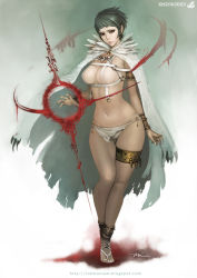 Rule 34 | 1girl, armlet, black hair, bracelet, breasts, cape, copyright name, curvy, full body, highleg, highleg panties, hip focus, jewelry, kingdom death, large breasts, lokman lam, lots of jewelry, magic, navel, panties, red eyes, revealing clothes, sandals, short hair, witch, thighlet, tribal, underwear, walking, watermark, web address, white background, white panties, wide hips