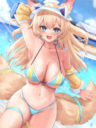 Rule 34 | 1girl, :d, animal ears, arm up, armpits, bare shoulders, bikini, blonde hair, blue bikini, blue eyes, breasts, cleavage, collarbone, day, detached sleeves, fake animal ears, fox ears, fox girl, fox tail, front-tie bikini top, front-tie top, halterneck, halterneck, highres, holding, huge weapon, inaho (world flipper), kitsune, large breasts, long hair, looking at viewer, multiple tails, navel, neneru, open mouth, outdoors, skindentation, smile, solo, stomach, string bikini, swimsuit, tail, thick eyebrows, thigh strap, thighs, two tails, visor cap, weapon, wet, world flipper