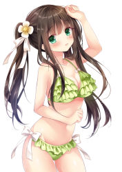 Rule 34 | 1girl, :d, alternate costume, bare shoulders, bikini, blunt bangs, blush, bow, breasts, cleavage, clenched hands, collarbone, cowboy shot, eyebrows, flower, frilled bikini, frills, gochuumon wa usagi desu ka?, green bikini, green eyes, groin, hair flower, hair ornament, hair ribbon, halterneck, hand up, large breasts, light particles, long hair, looking at viewer, navel, nogi takayoshi, open mouth, ribbon, side-tie bikini bottom, side ponytail, simple background, smile, solo, standing, stomach, swimsuit, twintails, ujimatsu chiya, white background, white bow, white flower, white ribbon