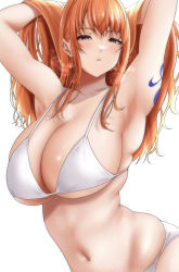 Rule 34 | 1girl, arm tattoo, armpits, arms up, bikini, breasts, brown eyes, cleavage, large breasts, moriton, nami (one piece), navel, one piece, orange hair, parted lips, simple background, solo, stomach, swimsuit, tattoo, upper body, white background, white bikini