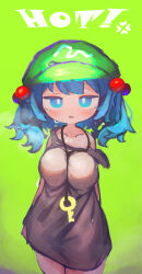Rule 34 | 1girl, absurdres, blue eyes, blush, bright pupils, chii (tsumami tsumamare), commentary, dress, english text, flat cap, green background, green hat, hair bobbles, hair ornament, hat, highres, kawashiro nitori, key, looking at viewer, open mouth, red eyes, solo, sweatdrop, symbol-only commentary, touhou, white dress, white pupils