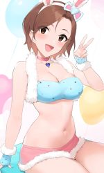 Rule 34 | 1girl, absurdres, animal ears, balloon, blush, bow, breasts, brown eyes, brown hair, choker, cleavage, collarbone, ear bow, fake animal ears, fur-trimmed skirt, fur trim, hand up, heart, highres, idolmaster, idolmaster cinderella girls, looking at viewer, medium breasts, miniskirt, mizuki seira, navel, onao, open mouth, pink skirt, rabbit ears, short hair, sitting, skirt, smile, solo, strapless, thick thighs, thighs, tube top, v, white background