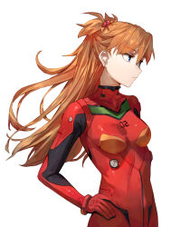 Rule 34 | 1girl, blue eyes, bodysuit, breasts, closed mouth, gloves, hand on own hip, highres, long hair, medium breasts, neon genesis evangelion, orange hair, plugsuit, red bodysuit, red gloves, simple background, solo, souryuu asuka langley, tesin (7aehyun), white background