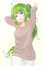 Rule 34 | 1girl, ahoge, alternate hairstyle, arms up, beige pants, blue eyes, blush, brown sweater, collarbone, cowboy shot, flower, gradient background, green hair, hair flower, hair ornament, hair scrunchie, highres, kantai collection, long hair, long sleeves, looking at viewer, mole, mole under mouth, open mouth, pants, pink lips, pink scrunchie, ponytail, ribbed sweater, scrunchie, solo, sweater, umino haruka (harukaumino6), very long hair, yellow background, yuugumo (kancolle)