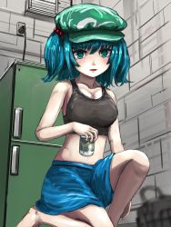 Rule 34 | 1girl, alternate costume, armpit crease, bad id, bad pixiv id, bare arms, bare shoulders, basket, black bra, blue eyes, blue hair, blue skirt, blurry, bra, breasts, brick wall, can, cinder block, cleavage, colored eyelashes, commentary request, depth of field, electric plug, electrical outlet, expressionless, flat cap, green hat, hair bobbles, hair ornament, hat, highres, holding, holding can, indoors, kappa, kawashiro nitori, looking at viewer, mame (mame3737), medium breasts, midriff, miniskirt, on one knee, parted lips, refrigerator, short hair, short twintails, sideboob, skirt, sleeveless, solo, sports bra, thighs, touhou, twintails, two side up, underwear