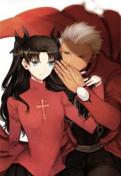 Rule 34 | 1boy, 1girl, archer (fate), bad id, bad pixiv id, black bow, black hair, black pants, black skirt, blue eyes, blurry, blurry background, bow, closed mouth, coat, cross, depth of field, fate/stay night, fate (series), fingernails, hair bow, latin cross, long sleeves, pants, parted bangs, pleated skirt, red coat, red shirt, shirt, skirt, smile, takashi (onikukku), tohsaka rin, two side up, whispering, white background