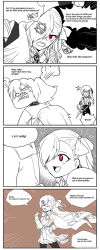 Rule 34 | 1boy, 2girls, 4koma, :d, alternate language, artist name, bow, braid, clip studio paint (medium), closed eyes, clothes grab, comic, commander (girls&#039; frontline), commentary, dropping, english commentary, english text, girls&#039; frontline, gloves, hair bow, hair ornament, hair over one eye, hairclip, hexagram, highres, iws 2000 (girls&#039; frontline), jacket, long hair, looking back, madcore, monochrome, monocle, multiple girls, negev (girls&#039; frontline), open mouth, ponytail, red eyes, sharp teeth, short hair, simple background, skirt, smile, star of david, surprised, teeth, triangle mouth