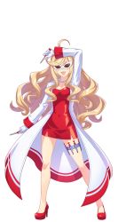 Rule 34 | 1girl, ahoge, anshinzawa sasami, blonde hair, breasts, cleavage, coat, dress, full body, highres, holding, long hair, looking at viewer, medium breasts, official art, open mouth, red dress, solo, sunglasses, transparent background, umamusume, wavy hair, white coat