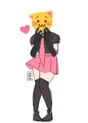 Rule 34 | 1girl, arms up, artist name, black footwear, black gloves, black shirt, black thighhighs, blush, christina guo, commentary, elbow gloves, emoji, english commentary, full body, gloves, hand to own mouth, hands up, heart, highres, original, pigeon-toed, pink neckwear, pink skirt, pleated skirt, shirt, simple background, skirt, solo, standing, thighhighs, white background, zettai ryouiki
