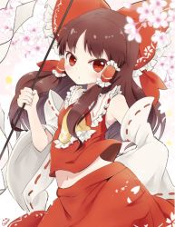 Rule 34 | 1girl, ascot, bow, breasts, brown hair, flower, frilled bow, frilled hair tubes, frilled neckwear, frilled shirt collar, frills, gohei, hair bow, hair tubes, hakurei reimu, hand up, holding, long hair, long sleeves, looking at viewer, navel, petals, red bow, red eyes, red skirt, ribbon-trimmed sleeves, ribbon trim, skirt, small breasts, solo, touhou, wide sleeves, yellow ascot, yoshishi (yosisitoho)