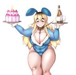 Rule 34 | 1girl, alcohol, animal ears, blue leotard, breasts, rabbit ears, cake, champagne bottle, cleavage, collar, animal collar, closed eyes, fake animal ears, fat mons, food, fur trim, grin, highres, k-on!, keigi, kotobuki tsumugi, large breasts, leash, leotard, long hair, long sleeves, muffin top, playboy bunny, plump, plunging neckline, smile, solo, thick eyebrows, thick thighs, thighs, tray, wide hips