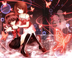 Rule 34 | 2girls, amakura mayu, amakura mio, bandages, bare shoulders, blouse, boots, brown hair, bug, butterfly, fatal frame, insect, knee boots, loafers, mogu (au1127), multiple girls, red eyes, shirt, shoes, short hair, siblings, sisters, skirt, twins