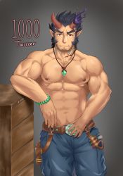 Rule 34 | 1boy, abs, bara, blue hair, broken horn, dark blue hair, demon boy, demon horns, denim, facial hair, fang, fiery horns, highres, horns, jeans, kaido (62145659), large pectorals, leather belt, long sideburns, looking at viewer, male focus, mature male, milestone celebration, muscular, muscular male, navel, navel hair, nipples, pants, pectorals, short hair, sideburns, smirk, solo, stomach, stubble, takemaru (housamo), thick eyebrows, thick thighs, thighs, tokyo houkago summoners, topless male