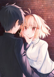 Rule 34 | 1boy, 1girl, absurdres, antenna hair, arcueid brunestud, aro 1801, black-framed eyewear, black hair, black jacket, black skirt, blonde hair, blush, closed mouth, commentary, from behind, gakuran, glasses, hand on another&#039;s face, highres, jacket, jewelry, long sleeves, necklace, pleated skirt, pout, red eyes, school uniform, short hair, skirt, sweater, tohno shiki, tsukihime, tsukihime (remake), turtleneck, turtleneck sweater, white sweater