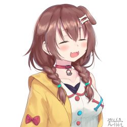 Rule 34 | 1girl, :3, :d, = =, absurdres, animal collar, animal ears, blush, bone hair ornament, braid, breasts, brown eyes, brown hair, buttons, closed eyes, collar, collarbone, dated, dog ears, dress, fangs, hair between eyes, hair ornament, hairclip, highres, hololive, inugami korone, inugami korone (1st costume), jacket, long hair, low twin braids, medium breasts, off shoulder, open mouth, red collar, signature, simple background, smile, solo, traveler (artbbt), twin braids, twintails, upper body, virtual youtuber, white background, white dress, yellow jacket