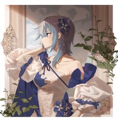 Rule 34 | 1girl, absurdres, baiyinzhideng, bare shoulders, blue flower, blue hair, border, breasts, closed mouth, collarbone, drawing (object), dress, earrings, eula (genshin impact), floral print, flower, flower ornament, frilled sleeves, frills, from side, genshin impact, hair flower, hair ornament, hand on own face, hand up, highres, jewelry, medium breasts, medium hair, outside border, picture frame, plant, purple eyes, rose, short sleeves, sidelocks, solo, strapless, strapless dress, two-tone dress, upper body, white border, white dress, white flower, white rose