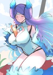 Rule 34 | 1girl, breasts, brighid (water lily) (xenoblade), brighid (xenoblade), chest jewel, cleavage, closed eyes, curvy, fiery hair, gem, highres, juneplums, large breasts, long hair, official alternate costume, one-piece swimsuit, solo, swimsuit, very long hair, xenoblade chronicles (series), xenoblade chronicles 2