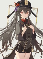Rule 34 | 1girl, absurdres, black hat, black shorts, brown coat, brown hair, coat, cowboy shot, crossed bangs, dated, flower, genshin impact, hands up, hat, hat flower, hat ribbon, highres, hu tao (genshin impact), long hair, looking at viewer, lycsakd, purple ribbon, red eyes, red flower, red shirt, ribbon, shirt, short shorts, shorts, signature, simple background, solo, twintails