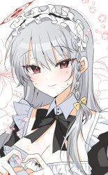 Rule 34 | 1girl, alternate costume, apron, black ribbon, blue archive, breasts, commentary request, grey hair, halo, haruna (blue archive), heart, heart hands, highres, large breasts, looking at viewer, maid, maid apron, maid headdress, red eyes, ribbon, seno (senohime)