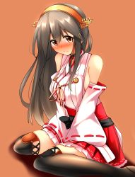 Rule 34 | 10s, 1girl, bare shoulders, black hair, blush, boots, breasts, brown eyes, female focus, hair ornament, hairband, hairclip, haruna (kancolle), headgear, highres, kantai collection, large breasts, long hair, looking at viewer, nontraditional miko, ribbon-trimmed sleeves, ribbon trim, sideboob, simple background, sitting, skirt, solo, sweatdrop, thigh boots, thighhighs, tsukui kachou, v arms, wariza