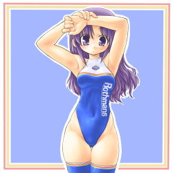Rule 34 | armpits, bad id, bad pixiv id, clothes writing, cowboy shot, dd (ijigendd), hip focus, holding own wrist, leotard, long hair, original, outline, outside border, purple eyes, purple hair, race queen, solo, thighhighs, white outline, wide hips