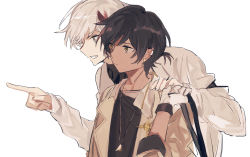 Rule 34 | 2boys, arknights, black hair, black shirt, brown jacket, closed mouth, coat, commentary request, ear piercing, elysium (arknights), expressionless, from side, gloves, grey hair, grin, hand on another&#039;s shoulder, hand up, jacket, jewelry, long sleeves, male focus, marumarukin, multicolored hair, multiple boys, necklace, open mouth, orange eyes, parted lips, piercing, pointing, red hair, shirt, short hair, simple background, smile, streaked hair, thorns (arknights), upper body, white background, white coat, white gloves