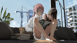 Rule 34 | 2girls, apartment, blue eyes, blue sky, book, bottomless, brown eyes, brown hair, building, collared shirt, couch, day, earphones, girls&#039; frontline, highres, knees apart feet together, lamp, m4a1 (girls&#039; frontline), multicolored hair, multiple girls, pink hair, plant, potted plant, scaffolding, scenery, shared earphones, shirt, sitting, sky, skyscraper, st ar-15 (girls&#039; frontline), streaked hair, tacshojosora, tank top