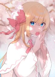 Rule 34 | 1girl, absurdres, ascot, blonde hair, blue eyes, capelet, cherry blossoms, dress, highres, lily white, long hair, looking at viewer, ninjin no nankotsu, own hands together, petals, solo, steepled fingers, touhou, upper body, white capelet, white dress