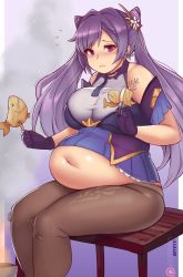Rule 34 | 1girl, belly, blush, breasts, genshin impact, highres, keqing (genshin impact), kipteitei, large breasts, long hair, plump, purple eyes, purple hair, sitting, solo, stomach, tagme