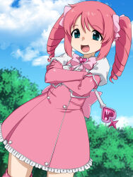Rule 34 | 1girl, :d, blouse, blue eyes, blue sky, bow, bush, buttons, cloud, commentary request, crossed arms, day, dress, drill hair, elbow gloves, gloves, heart, high-waist skirt, highres, magia magenta, magical girl, mahou shoujo ni akogarete, nurugamer-kouyouju, open mouth, outdoors, pink bow, pink dress, pink gloves, pink hair, pink skirt, puffy short sleeves, puffy sleeves, shirt, short sleeves, skirt, sky, smile, solo, tareme, twin drills, wand, white shirt