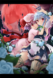 Rule 34 | 2girls, apron, bad id, bad pixiv id, between fingers, blue flower, blue hair, blue rose, blurry, blush, braid, depth of field, dress, embodiment of scarlet devil, fang, female focus, flower, full moon, hat, holding, holding knife, hug, izayoi sakuya, knife, knives between fingers, letterboxed, light purple hair, moon, multiple girls, open mouth, pan (mimi), plant, red eyes, red moon, remilia scarlet, rose, short hair, silver hair, smile, thigh strap, torn apron, torn clothes, torn dress, touhou, twin braids, vines, white flower, white rose, wings