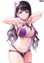 Rule 34 | 1girl, absurdres, armpits, arms up, bikini, black hair, blunt bangs, breasts, butterfly hair ornament, choker, cleavage, commentary request, fingernails, grin, hair ornament, heart, highres, koinoya mai, large breasts, long hair, looking at viewer, multicolored hair, navel, ninai, propro production, purple bikini, purple choker, purple eyes, purple hair, simple background, smile, solo, standing, swimsuit, thighs, two-tone hair, virtual youtuber, wavy hair, white background