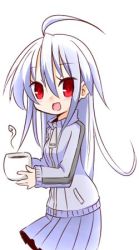 Rule 34 | 100 percent orange juice, 1girl, :d, ahoge, blue hair, blue jacket, blue skirt, blush, coffee, cowboy shot, cup, disposable cup, drinking glass, from side, gradient hair, hair between eyes, holding, holding cup, hono, jacket, long hair, long sleeves, looking at viewer, looking to the side, lowres, mug, multicolored hair, open mouth, pleated skirt, red eyes, sidelocks, silver hair, simple background, skirt, sleeves past wrists, smile, solo, steam, suguri, suguri (orange juice), track jacket, white background, zipper