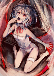 Rule 34 | 1girl, barefoot, female focus, licking finger, finger to mouth, bridal garter, licking, no headwear, no headwear, nokishita, open mouth, panties, red eyes, remilia scarlet, short hair, solo, strapless, touhou, tube top, underwear, underwear only, white panties