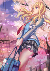 Rule 34 | 10s, 1girl, absurdres, bad id, bad pixiv id, bag, bag charm, bare legs, blazer, blonde hair, blue eyes, blue shirt, buttons, chain-link fence, charm (object), cherry blossoms, cloud, collared shirt, dress shirt, fence, floating hair, from below, hair between eyes, highres, holding, holding bag, jacket, kenbuo, long hair, long sleeves, looking away, miniskirt, miyazono kawori, necktie, outdoors, petals, plaid, plaid skirt, pleated skirt, power lines, purple eyes, school bag, school uniform, shigatsu wa kimi no uso, shirt, skirt, sky, smile, solo, standing, striped necktie, striped neckwear, sunset, tree, uniform, v arms, wind