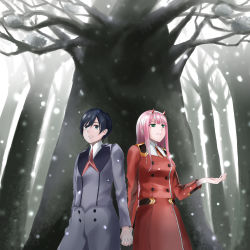 Rule 34 | 10s, 1boy, 1girl, absurdres, black hair, blue eyes, breasts, commentary request, couple, darling in the franxx, green eyes, hair ornament, hairband, hand up, hetero, highres, hiro (darling in the franxx), holding hands, horns, interlocked fingers, long hair, long sleeves, medium breasts, military, military uniform, minato2818, necktie, oni horns, orange neckwear, pink hair, red horns, red neckwear, short hair, snow, snowing, tree, uniform, white hairband, zero two (darling in the franxx)