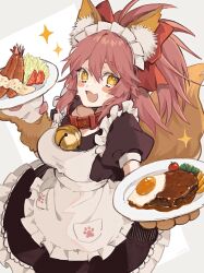 Rule 34 | 1girl, animal ear fluff, animal ears, animal hands, artist name, bell, blush, bow, breasts, cherry tomato, fang, fate/extra, fate (series), fish, food, fox ears, fox girl, fox tail, fried egg, gloves, hair between eyes, holding, holding food, holding plate, huge bow, long hair, looking at viewer, maid, maid headdress, medium breasts, medium hair, neck bell, open mouth, paw gloves, paw print, pink hair, plate, red bow, sauce, simple background, skin fang, smile, solo, sparkle, steak, tail, tamamo (fate), tamamo no mae (fate/extra), tomato, vegetable, white background, y0e0k, yellow eyes