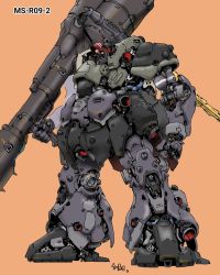 Rule 34 | bazooka (gundam), clenched hand, dom (mobile suit), glowing, glowing eye, gun, gundam, holding, holding gun, holding weapon, looking ahead, mecha, mobile suit gundam, no humans, one-eyed, orange background, red eyes, redesign, robot, science fiction, shisaton., solo, standing, weapon, zeon