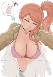 Rule 34 | 1girl, absurdres, breasts, brown hair, cleavage, creatures (company), downblouse, from above, game freak, green eyes, highres, large breasts, looking at viewer, marnie (pokemon), md5 mismatch, motion lines, nintendo, no bra, one eye closed, pokemon, pokemon swsh, resolution mismatch, self-upload, side ponytail, simple background, skindentation, solo, sonia (pokemon), source smaller, thighs, zon lee sean