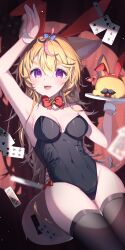 Rule 34 | 1girl, absurdres, alternate costume, animal ears, black hair, black leotard, black thighhighs, blonde hair, breasts, card, cleavage, collar, detached collar, fang, fox ears, fox girl, fox tail, heart, heart in eye, highres, holding, holding plate, hololive, kio is here, leotard, multicolored hair, omaru polka, open mouth, pink hair, plate, playboy bunny, playing card, purple eyes, rabbit ears, skin fang, small breasts, smile, strapless, strapless leotard, streaked hair, symbol in eye, tail, thighhighs, virtual youtuber, white collar, white wrist cuffs, wrist cuffs, zain (omaru polka)