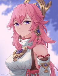 Rule 34 | 1girl, artist name, bare shoulders, breasts, closed mouth, commentary, detached sleeves, genshin impact, hair ornament, highres, japanese clothes, long hair, looking at viewer, medium breasts, miko, pink hair, portrait, purple eyes, solo, stormstx, yae miko