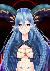 Rule 34 | 1girl, absurdres, blue hair, braid, breasts, cleavage, covering privates, covering breasts, elbow gloves, fate/grand order, fate (series), gloves, highres, horns, large breasts, long hair, looking at viewer, pointy ears, purple eyes, solo, stomach tattoo, symbol-shaped pupils, tattoo, tiamat (fate), twin braids, uziki ntoki, very long hair